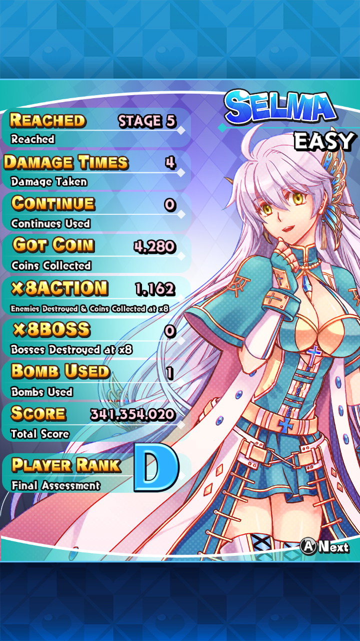 Screenshot: Sisters Royale detailed score of the character Selma on Easy difficulty showing a score of 341 354 020, rank D